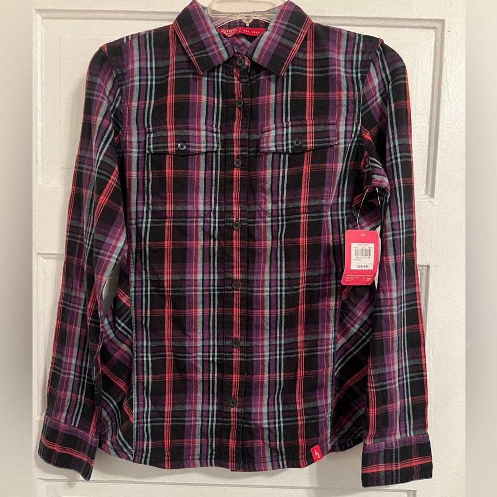 EMS timber flannel long sl, tailored NWT in multi colored plaid red prpl blk XS